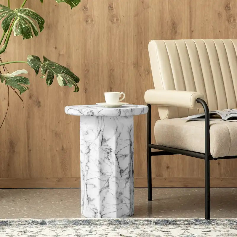 Modern Faux Marble Round Side Table, 20.75H