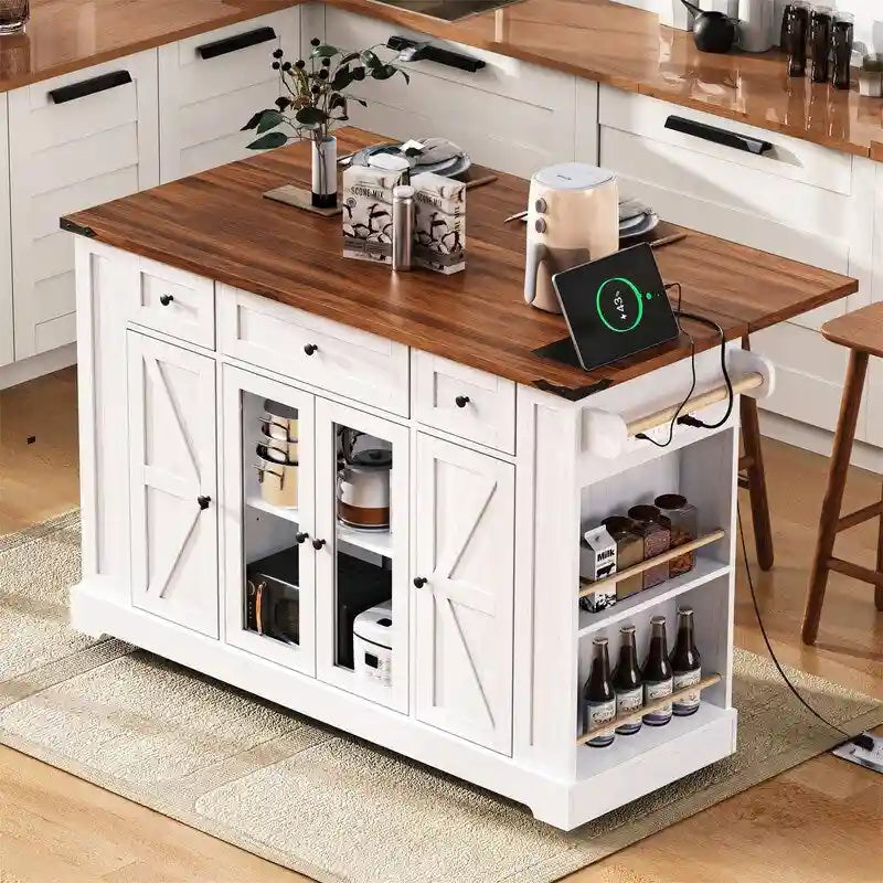 Kitchen Island w/Drop Leaf, 3 Drawers & 5 Open Side Racks, Rolling Kitchen Cart w/ 2 Tempered Glass Cabinet Doors & Power Outlet
