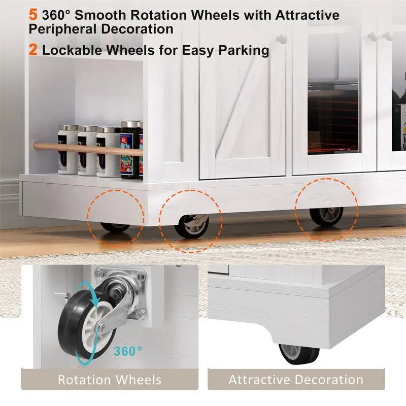 Kitchen Island w/Drop Leaf, 3 Drawers & 5 Open Side Racks, Rolling Kitchen Cart w/ 2 Tempered Glass Cabinet Doors & Power Outlet