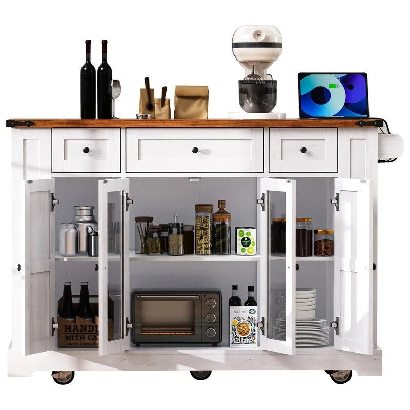Kitchen Island w/Drop Leaf, 3 Drawers & 5 Open Side Racks, Rolling Kitchen Cart w/ 2 Tempered Glass Cabinet Doors & Power Outlet