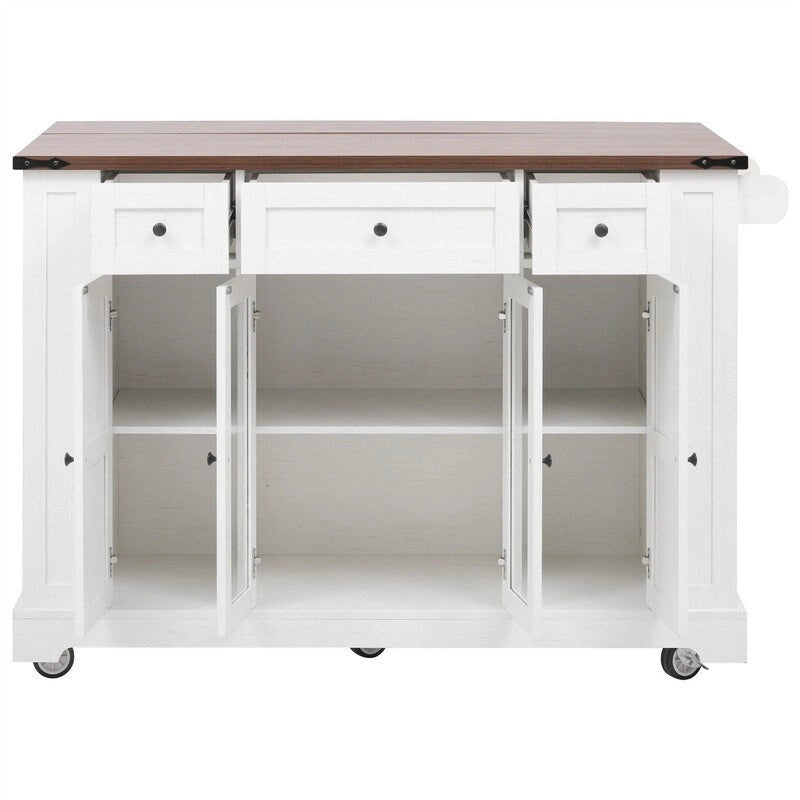 Kitchen Island w/Drop Leaf, 3 Drawers & 5 Open Side Racks, Rolling Kitchen Cart w/ 2 Tempered Glass Cabinet Doors & Power Outlet