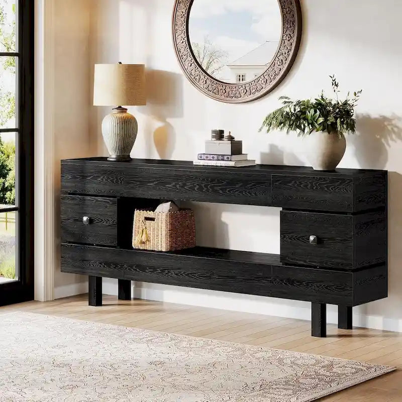 71 Inches Console Table with Storage Drawers, Farmhouse 2-Tier Entryway Table for Entrance with Display Shelf