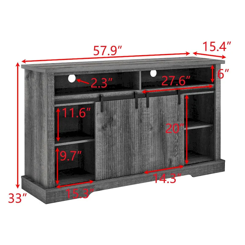 Rustic Sliding Barn Door TV Stand with Upper Lower Storage Shelf and Adjustable Shelves for Living Room