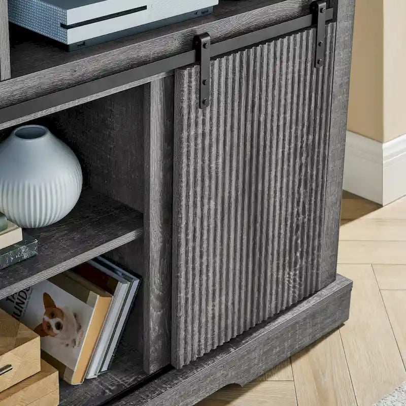 Rustic Sliding Barn Door TV Stand with Upper Lower Storage Shelf and Adjustable Shelves for Living Room