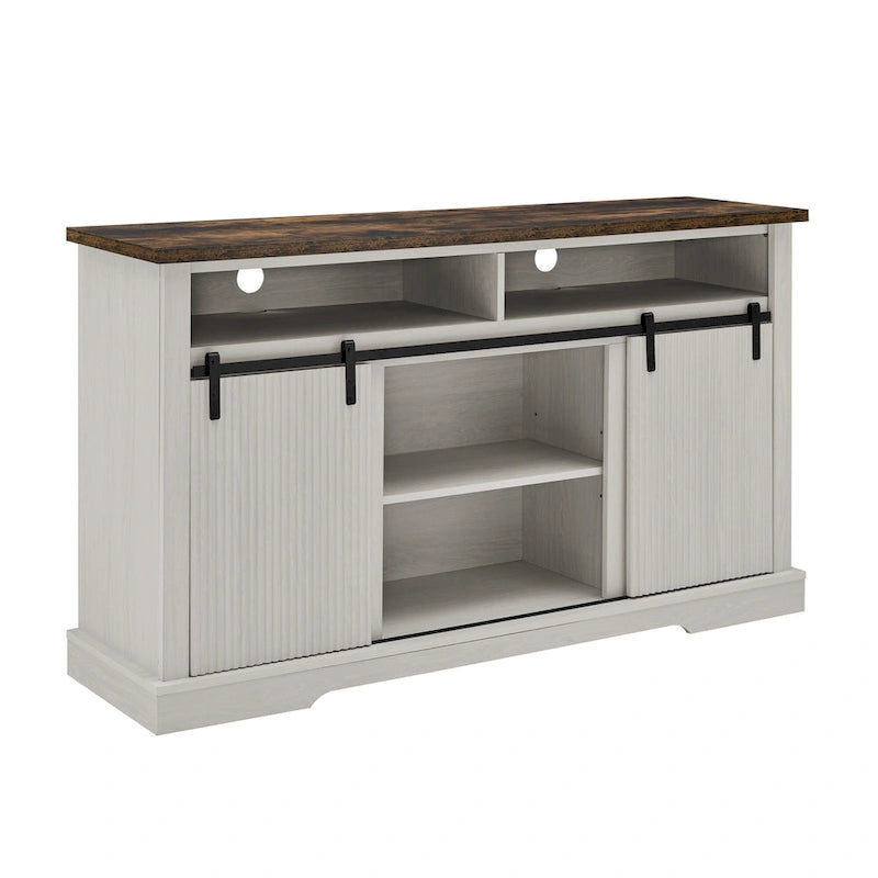 Rustic Sliding Barn Door TV Stand with Upper Lower Storage Shelf and Adjustable Shelves for Living Room
