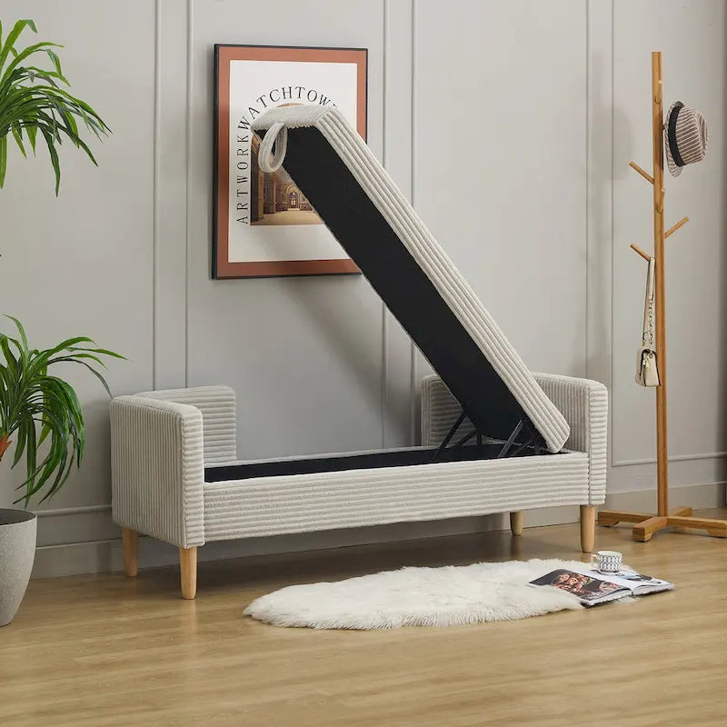65.35 Corduroy Storage Bench with Armrests, Backrest and Two Pillows