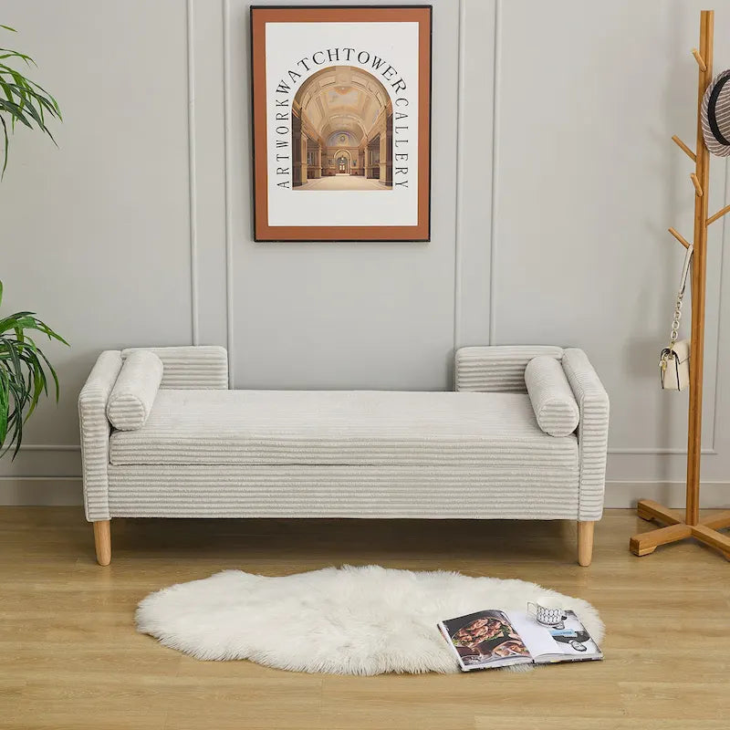 65.35 Corduroy Storage Bench with Armrests, Backrest and Two Pillows
