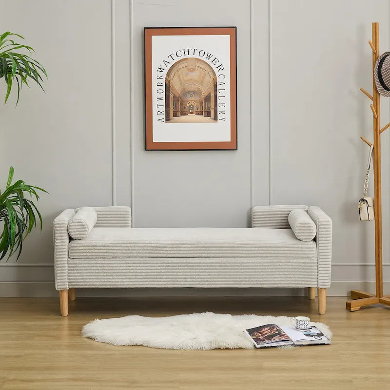 65.35 Corduroy Storage Bench with Armrests, Backrest and Two Pillows