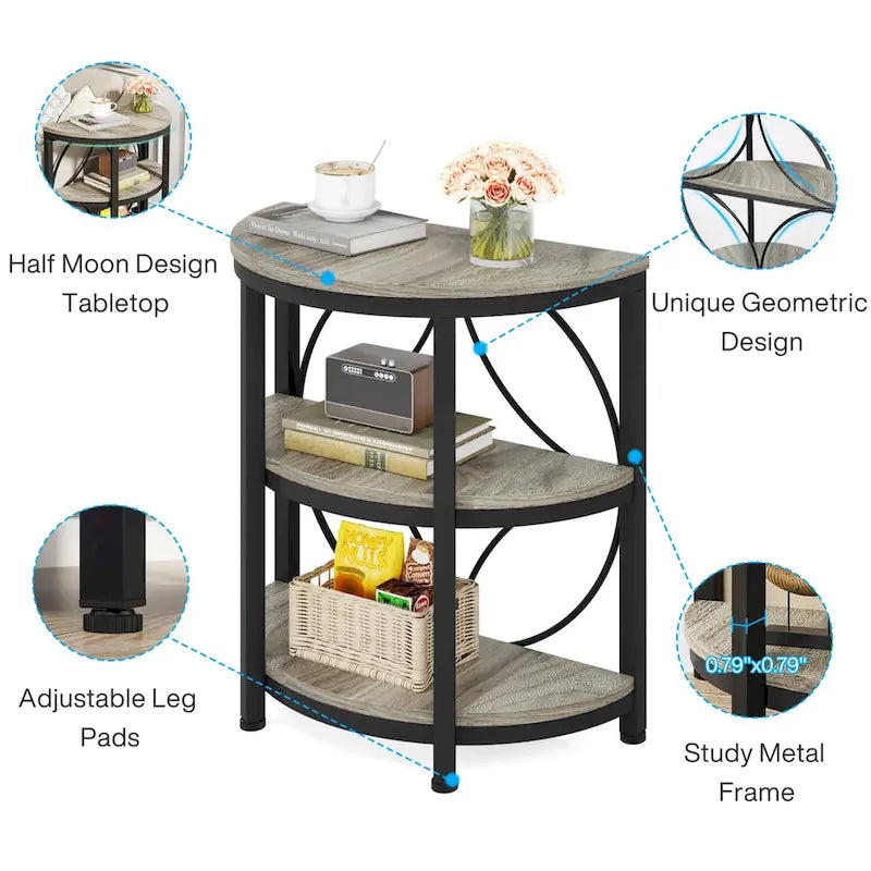 Half Round End Table, 3-Tier Half Side Table with Storage Shelves
