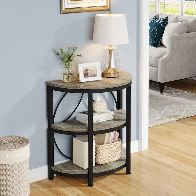 Half Round End Table, 3-Tier Half Side Table with Storage Shelves