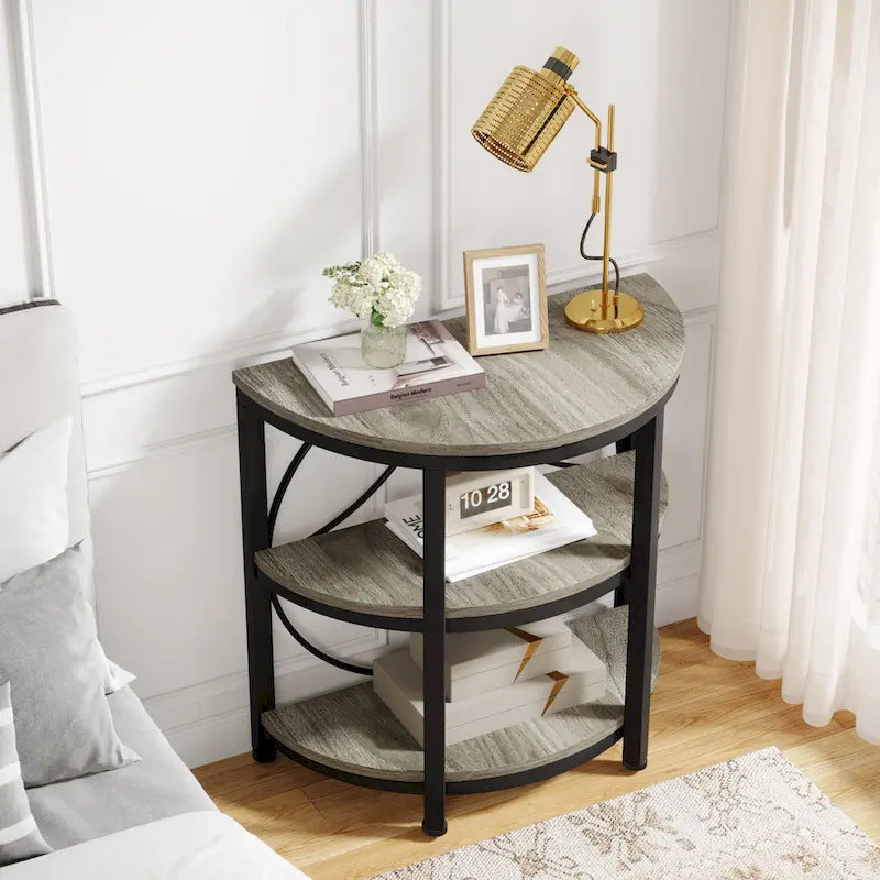 Half Round End Table, 3-Tier Half Side Table with Storage Shelves