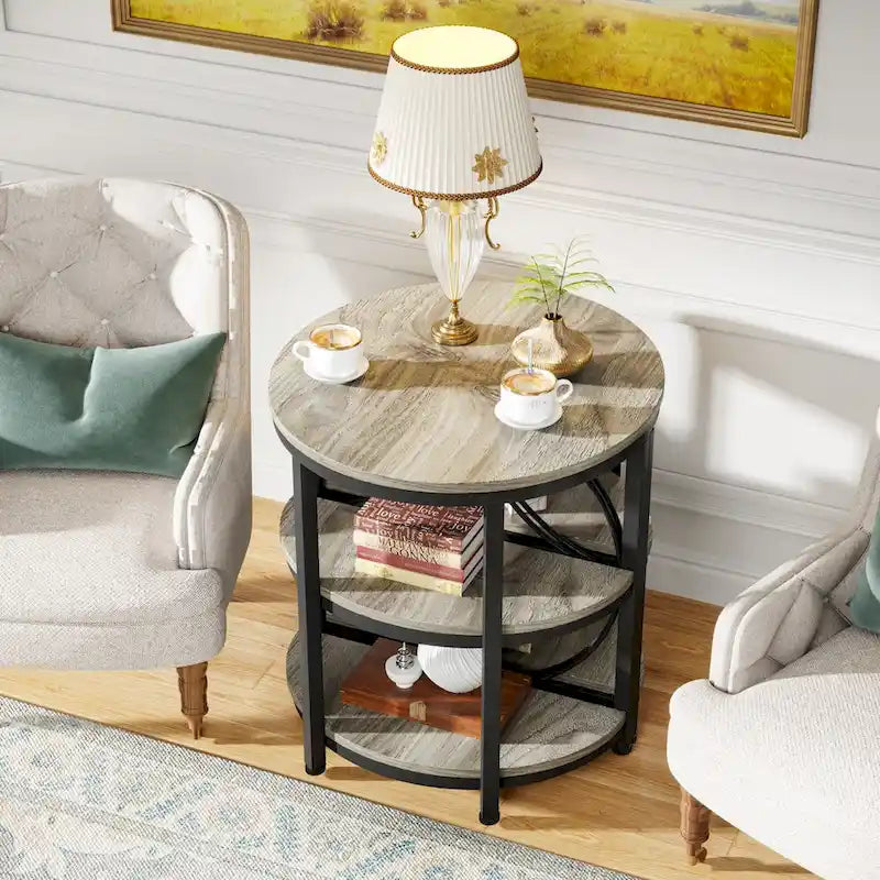 Half Round End Table, 3-Tier Half Side Table with Storage Shelves