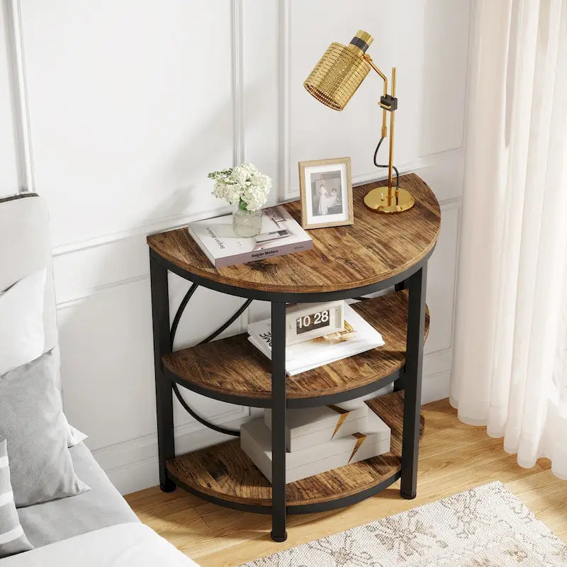 Half Round End Table, 3-Tier Half Side Table with Storage Shelves