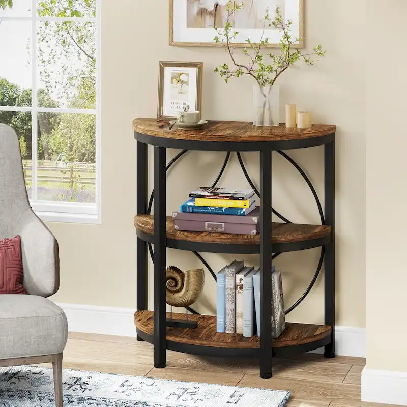 Half Round End Table, 3-Tier Half Side Table with Storage Shelves