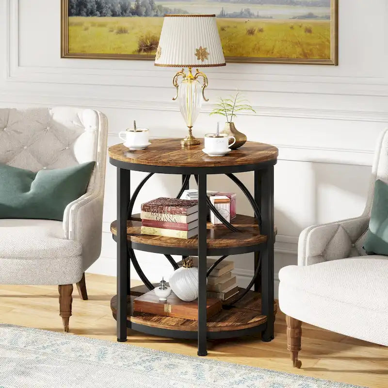 Half Round End Table, 3-Tier Half Side Table with Storage Shelves