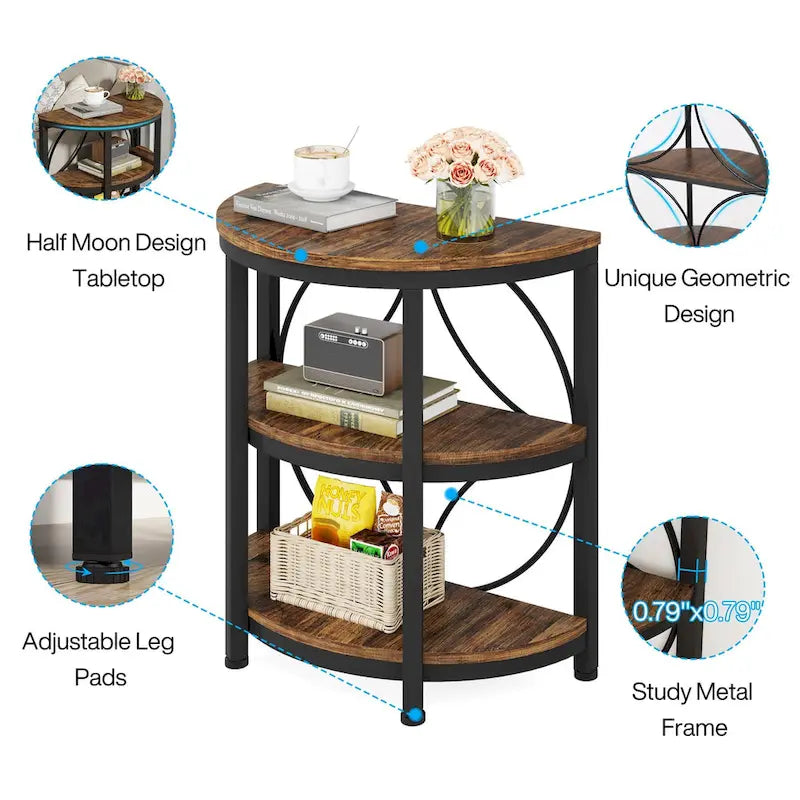 Half Round End Table, 3-Tier Half Side Table with Storage Shelves