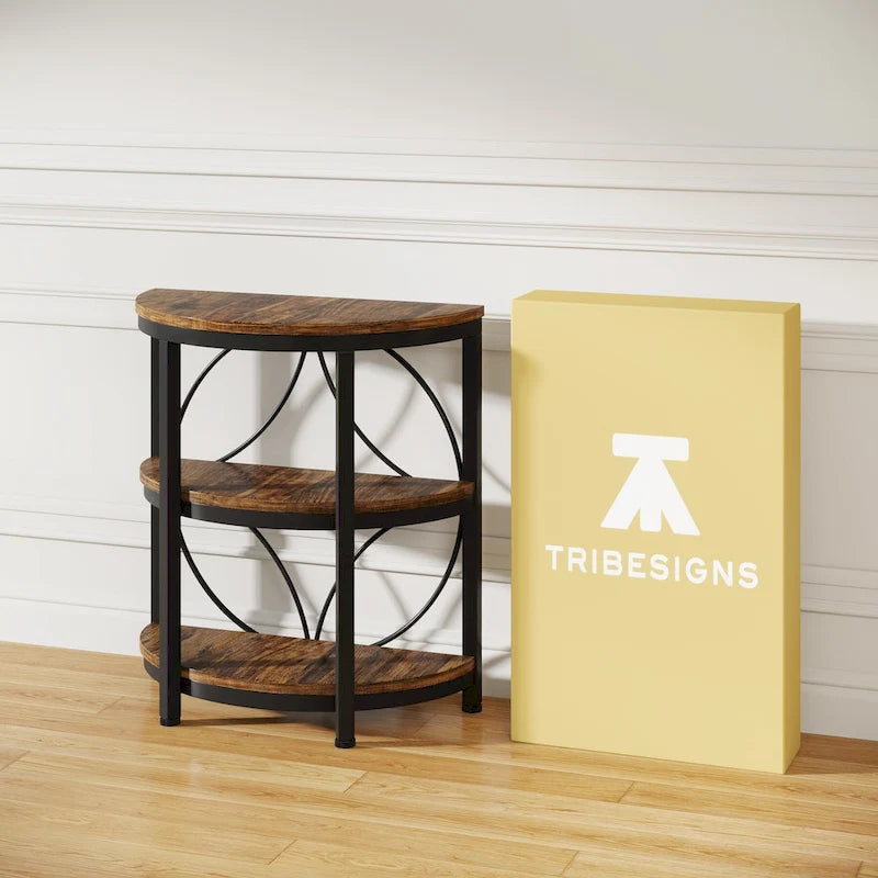Half Round End Table, 3-Tier Half Side Table with Storage Shelves