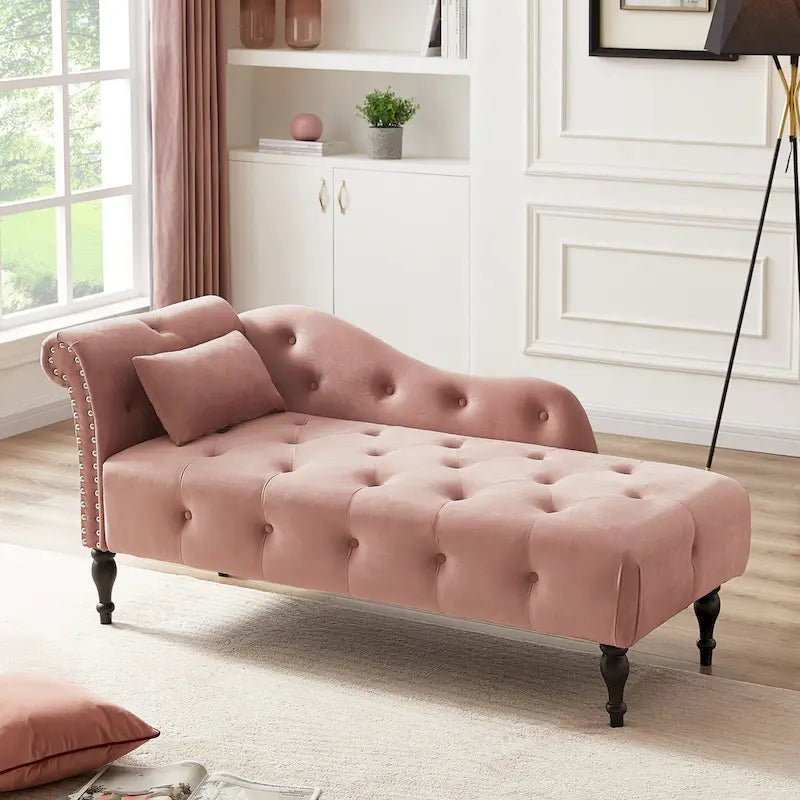Modern 60.6 Velvet Upholstered Buttons Tufted Chaise Lounge Chair with Solid Wood Legs and Nailheads
