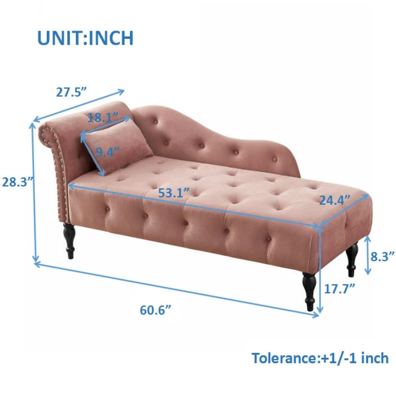Modern 60.6 Velvet Upholstered Buttons Tufted Chaise Lounge Chair with Solid Wood Legs and Nailheads