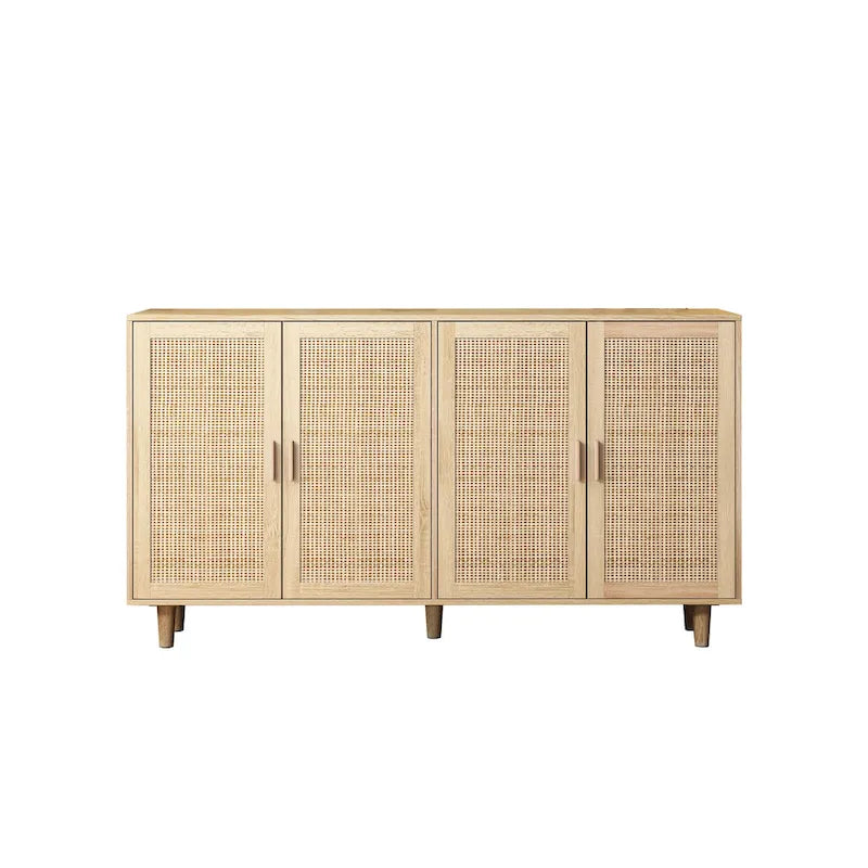 Modern 4-Door Rattan Cabinet with Adjustable Shelves, Blue