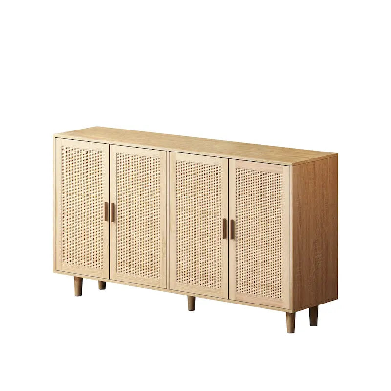 Modern 4-Door Rattan Cabinet with Adjustable Shelves, Blue