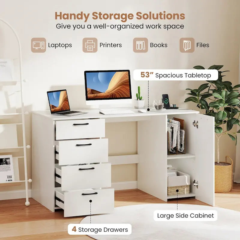 Home Office Desk 53 Inch with USB Ports Outlets and Storage Drawers