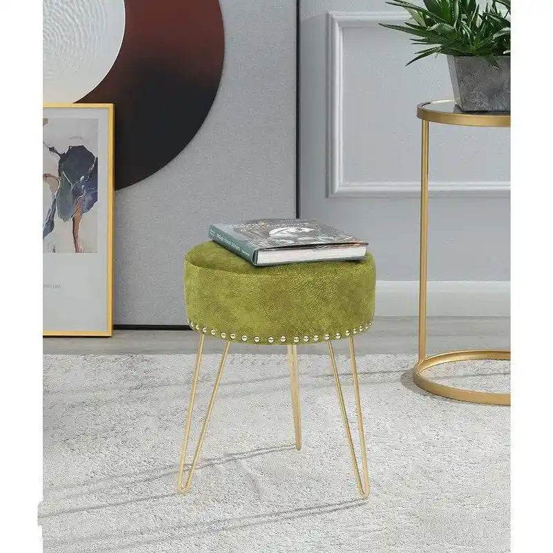 Round Tufted Footstool Ottoman with Solid Wood Legs