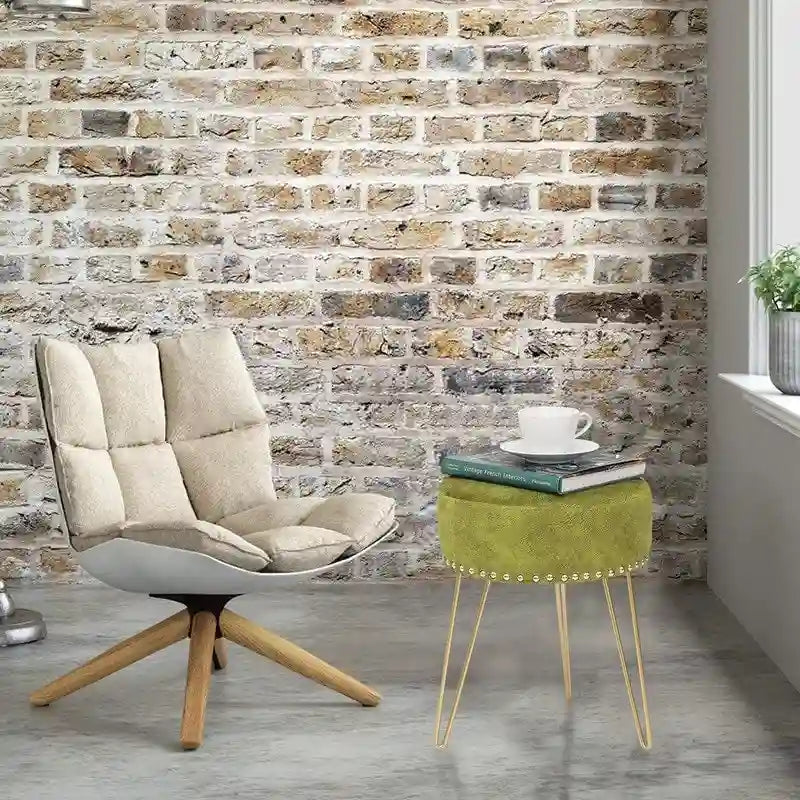 Round Tufted Footstool Ottoman with Solid Wood Legs