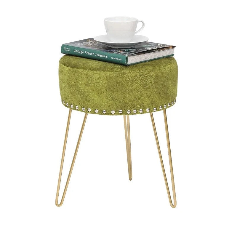 Round Tufted Footstool Ottoman with Solid Wood Legs