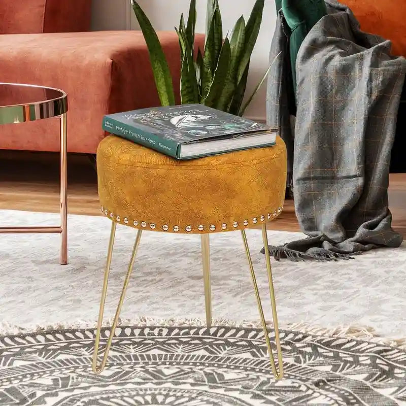 Round Tufted Footstool Ottoman with Solid Wood Legs