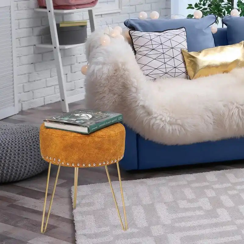 Round Tufted Footstool Ottoman with Solid Wood Legs