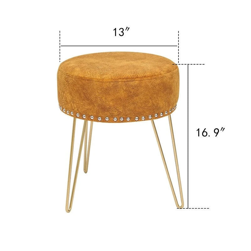 Round Tufted Footstool Ottoman with Solid Wood Legs