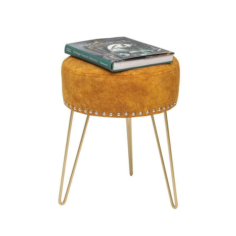 Round Tufted Footstool Ottoman with Solid Wood Legs