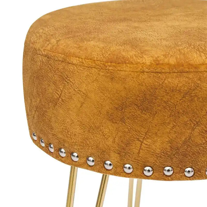 Round Tufted Footstool Ottoman with Solid Wood Legs