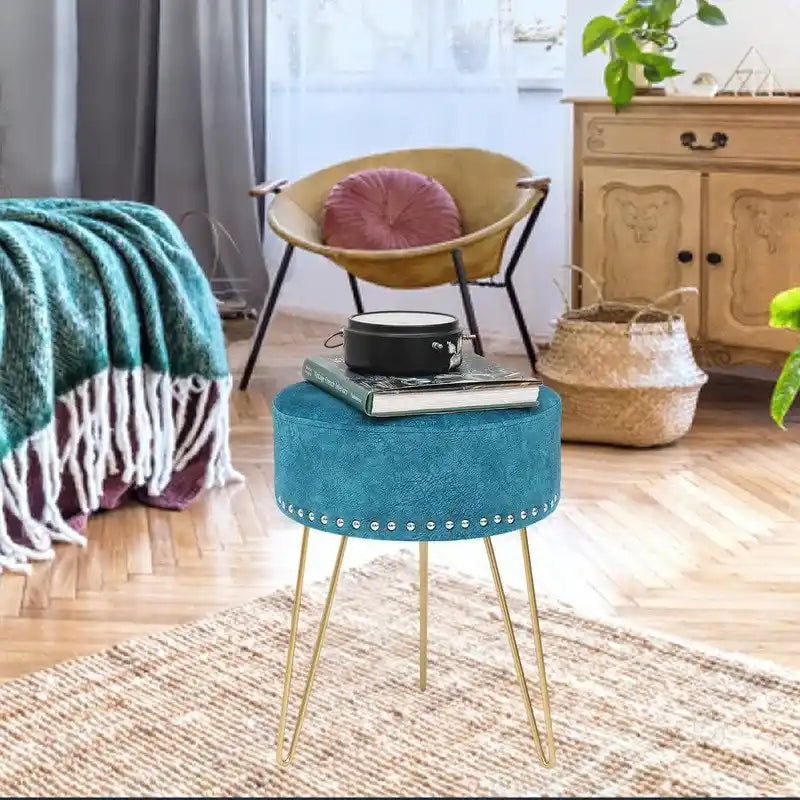 Round Tufted Footstool Ottoman with Solid Wood Legs