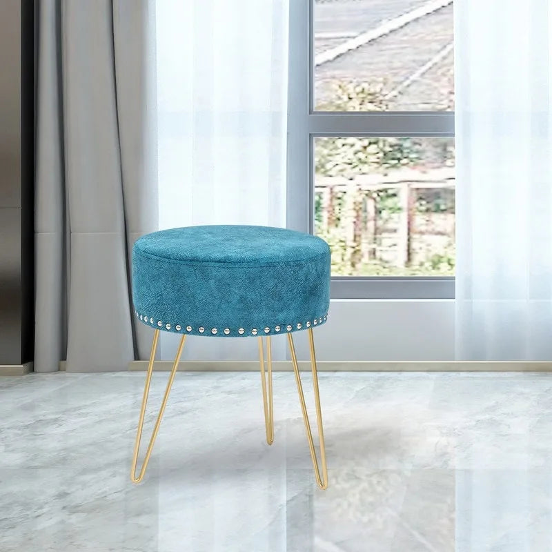 Round Tufted Footstool Ottoman with Solid Wood Legs
