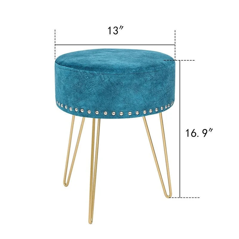 Round Tufted Footstool Ottoman with Solid Wood Legs