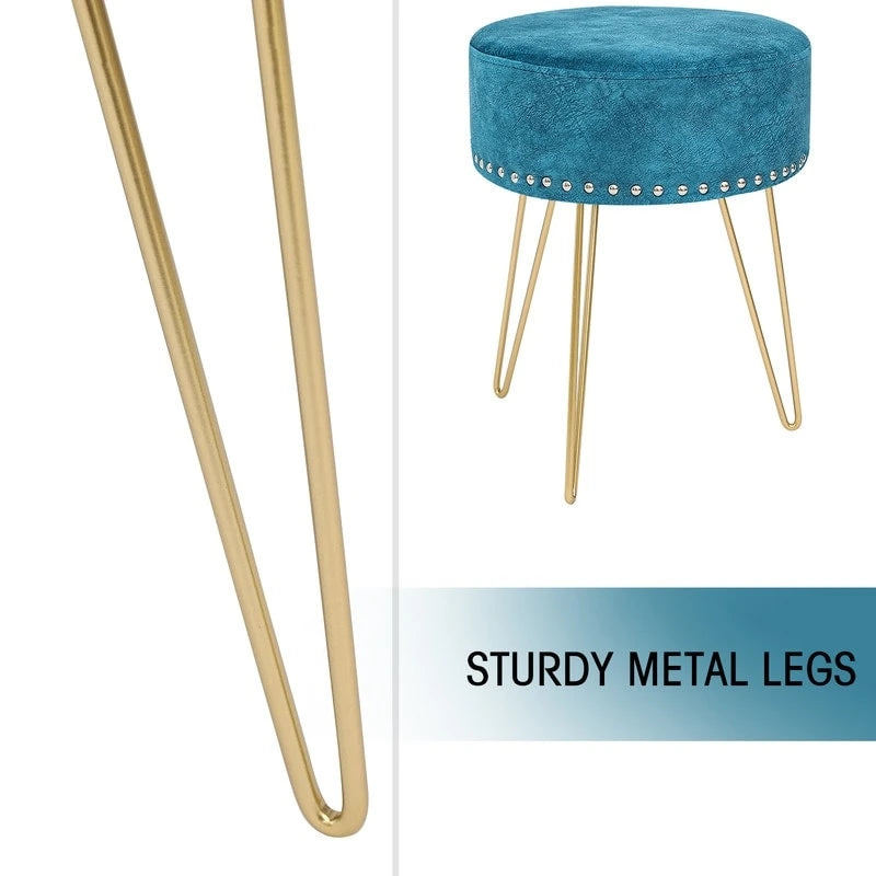 Round Tufted Footstool Ottoman with Solid Wood Legs