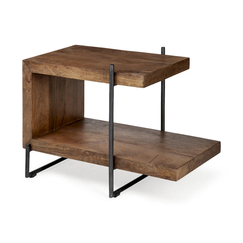 C-Shaped End Table with Black Metal Frame and Wood Top