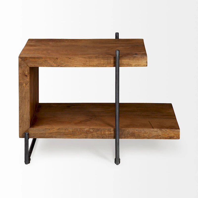C-Shaped End Table with Black Metal Frame and Wood Top