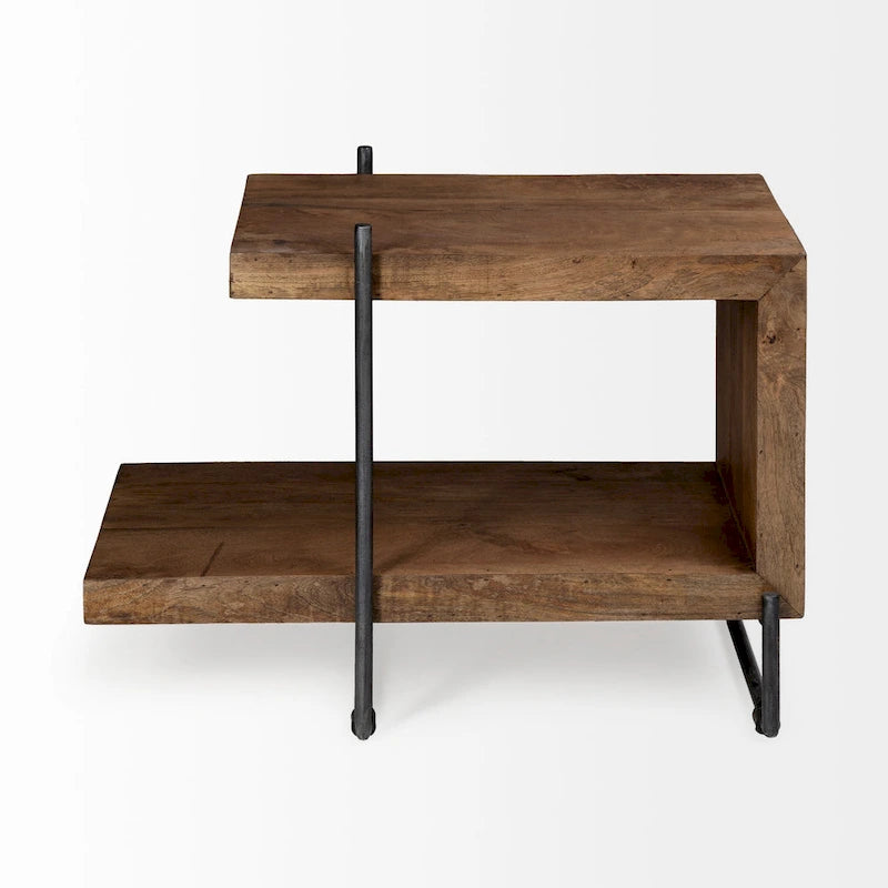 C-Shaped End Table with Black Metal Frame and Wood Top