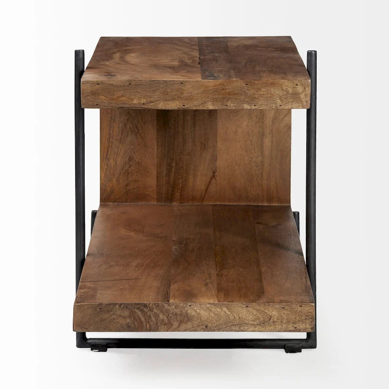 C-Shaped End Table with Black Metal Frame and Wood Top