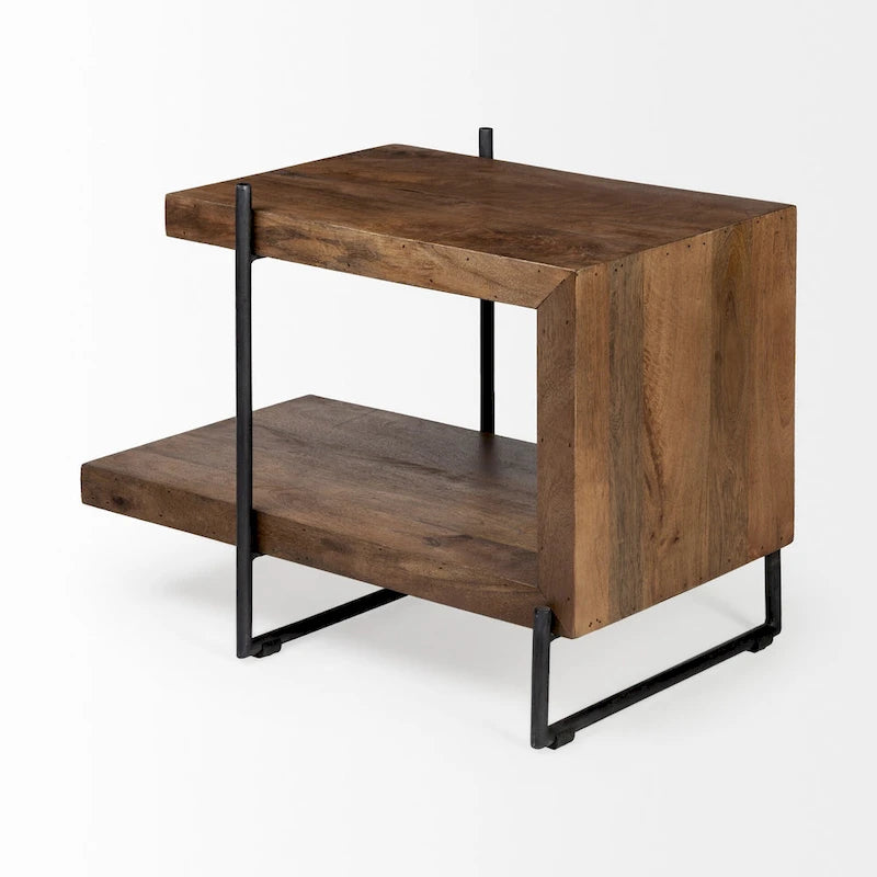 C-Shaped End Table with Black Metal Frame and Wood Top