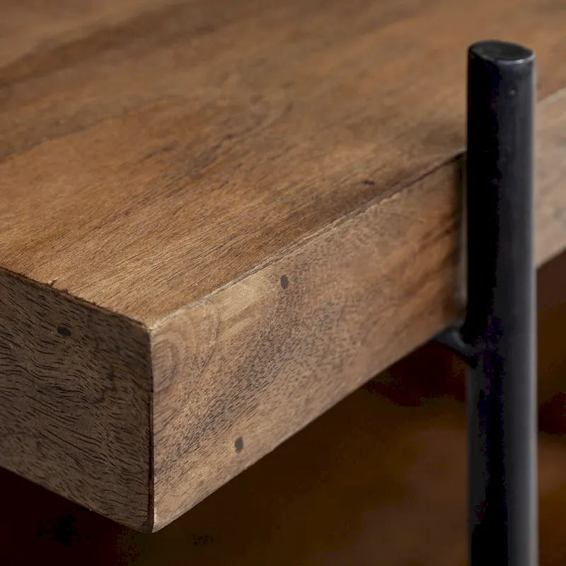 C-Shaped End Table with Black Metal Frame and Wood Top