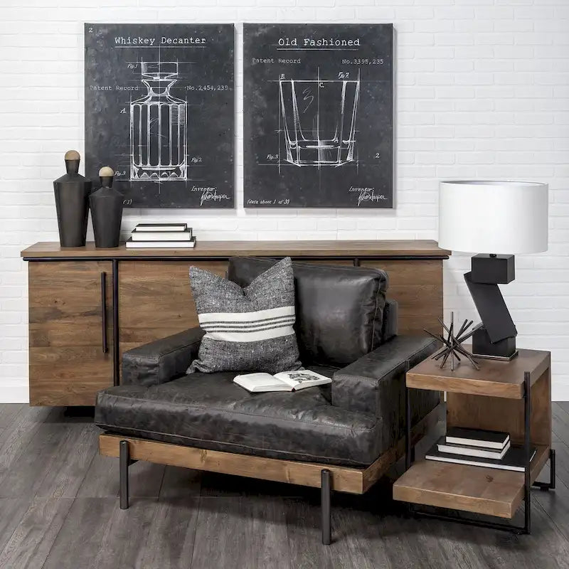 C-Shaped End Table with Black Metal Frame and Wood Top