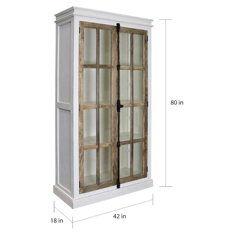 Solid Mango Wood Curio Cabinet with Tempered Glass Doors, 80H x 42W x 18D