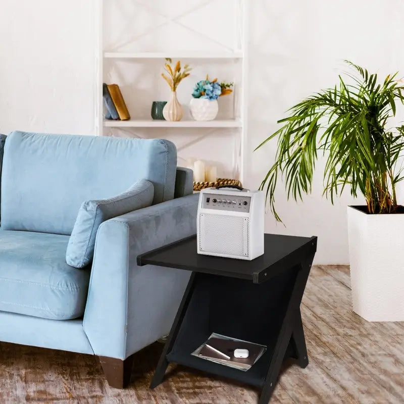 Z-Shaped Sofa Side Table with Storage Shelf, Natural Wood Finish