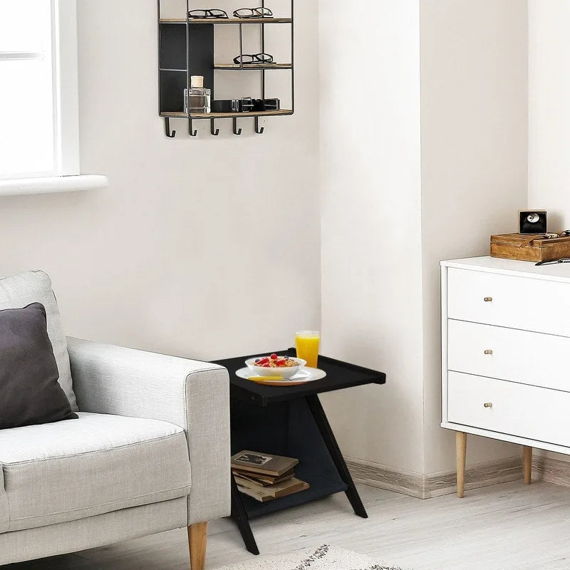 Z-Shaped Sofa Side Table with Storage Shelf, Natural Wood Finish