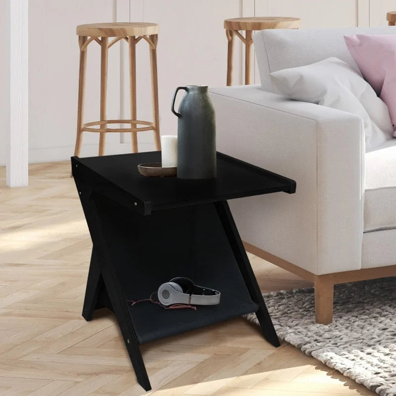 Z-Shaped Sofa Side Table with Storage Shelf, Natural Wood Finish