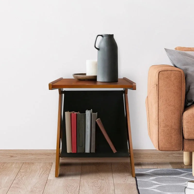 Z-Shaped Sofa Side Table with Storage Shelf, Natural Wood Finish